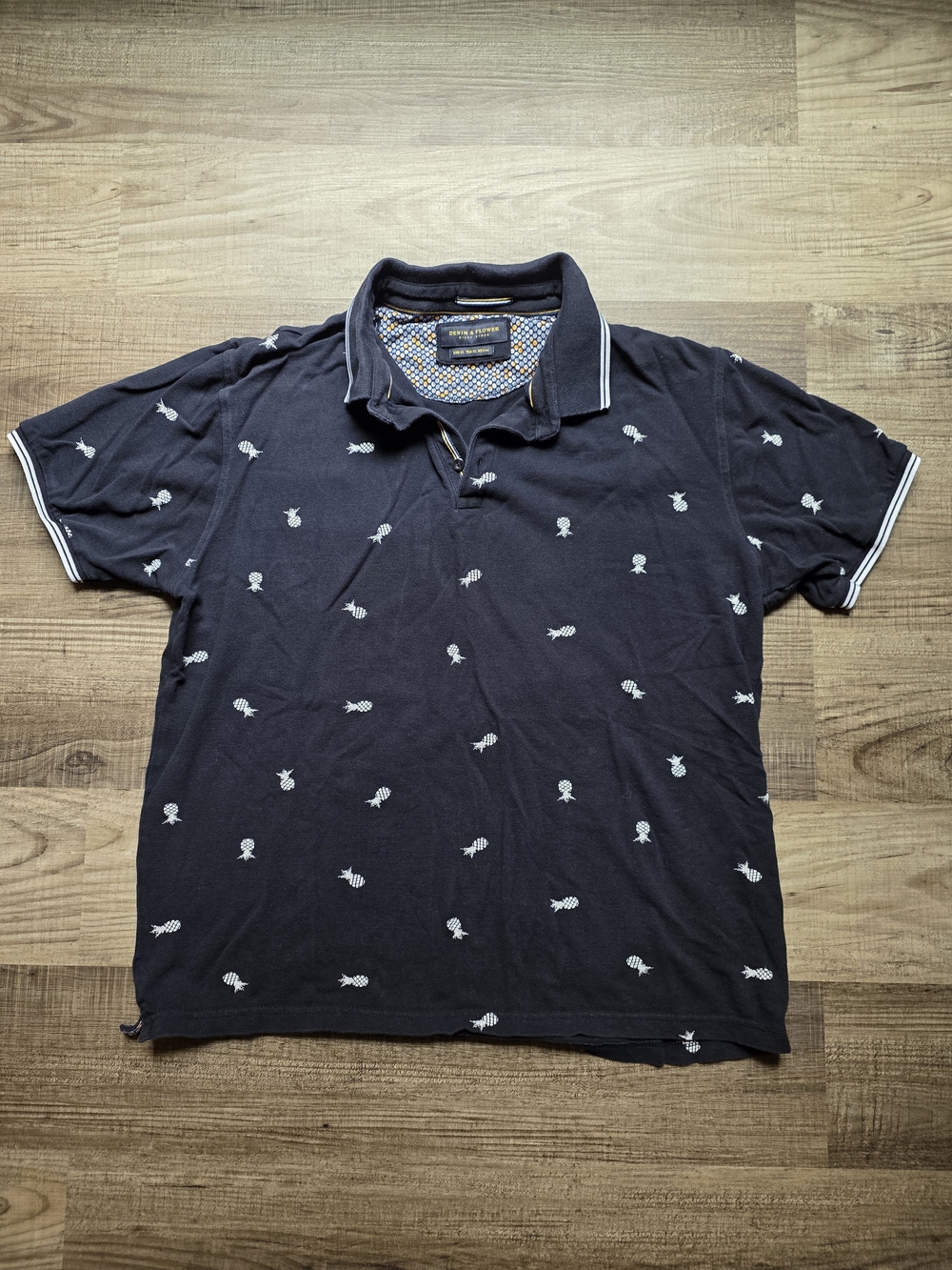 Denim & Flower Men's Navy Polo Shirt with Pineapple Print